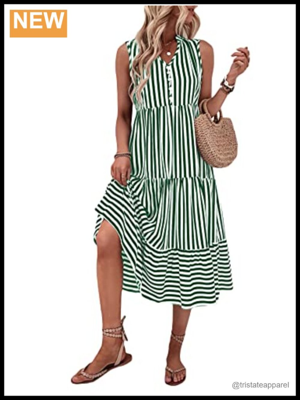 Striped Notched Neck Sleeveless Ruffle A Line Midi Dress
